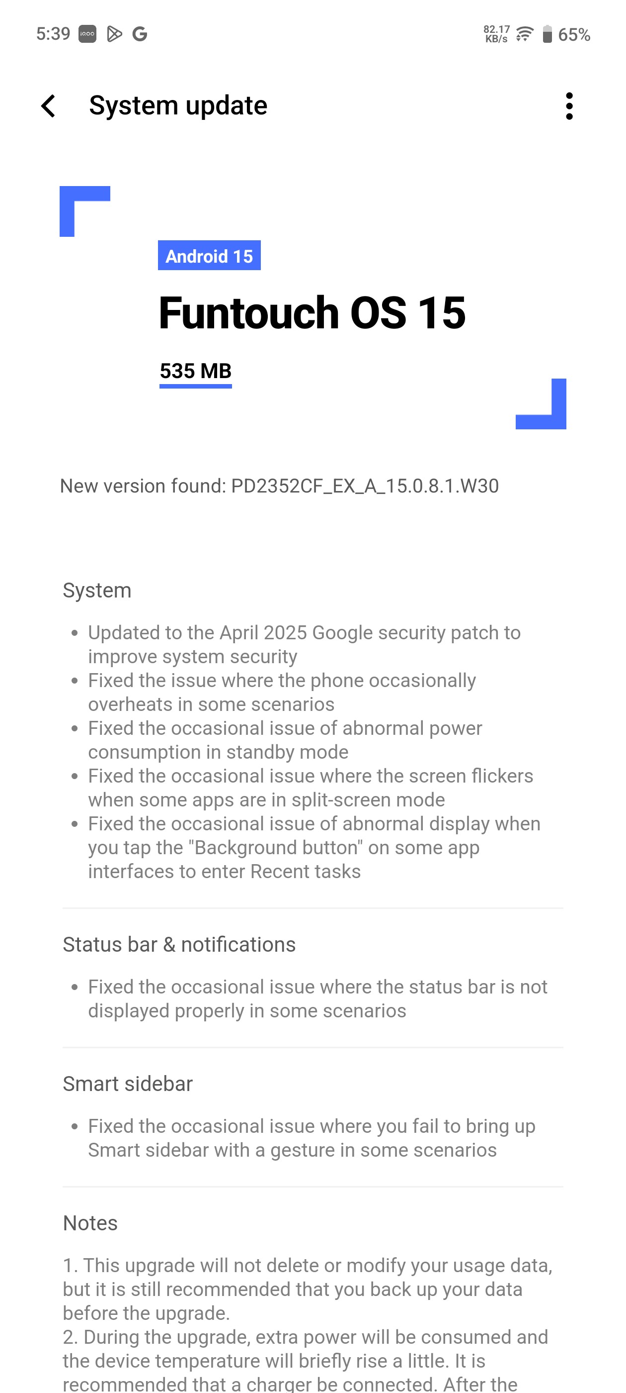 iQOO Neo10R April 2025 Google security patch update