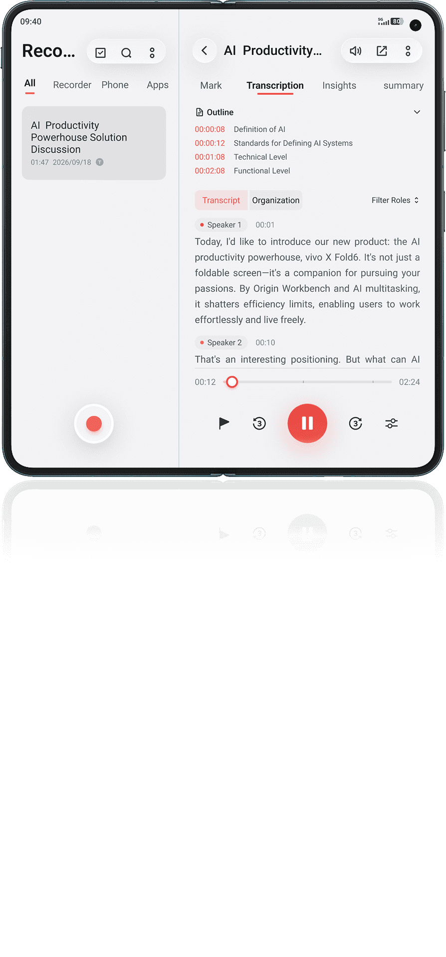 vivo X Fold6 with AI Recorder-Transcription and summary